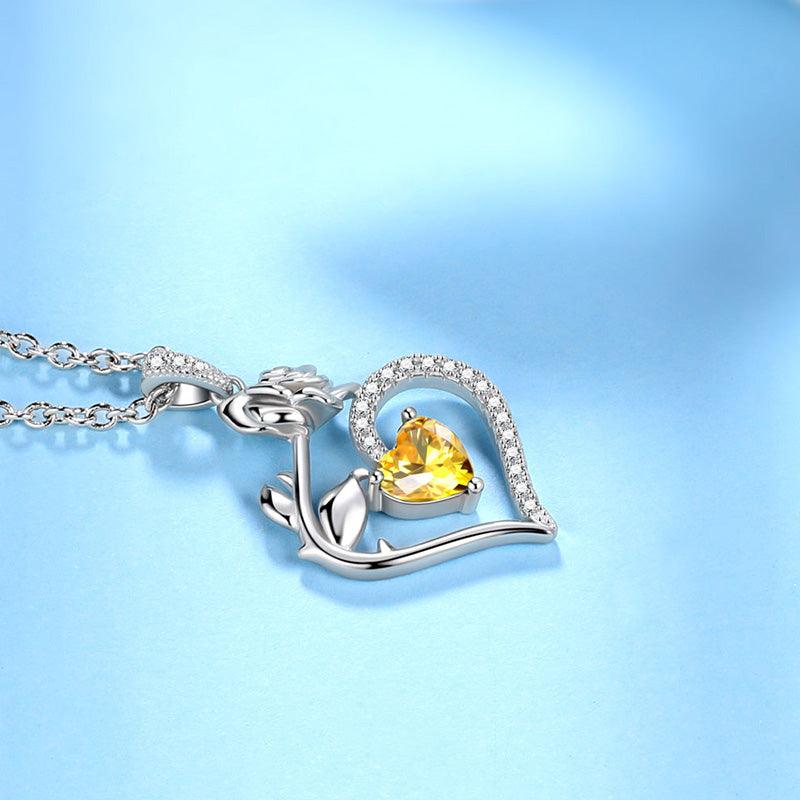 November Citrine Heart Birthstone 3D Flower Rose Necklace Pendant - Necklaces - Aurora Tears