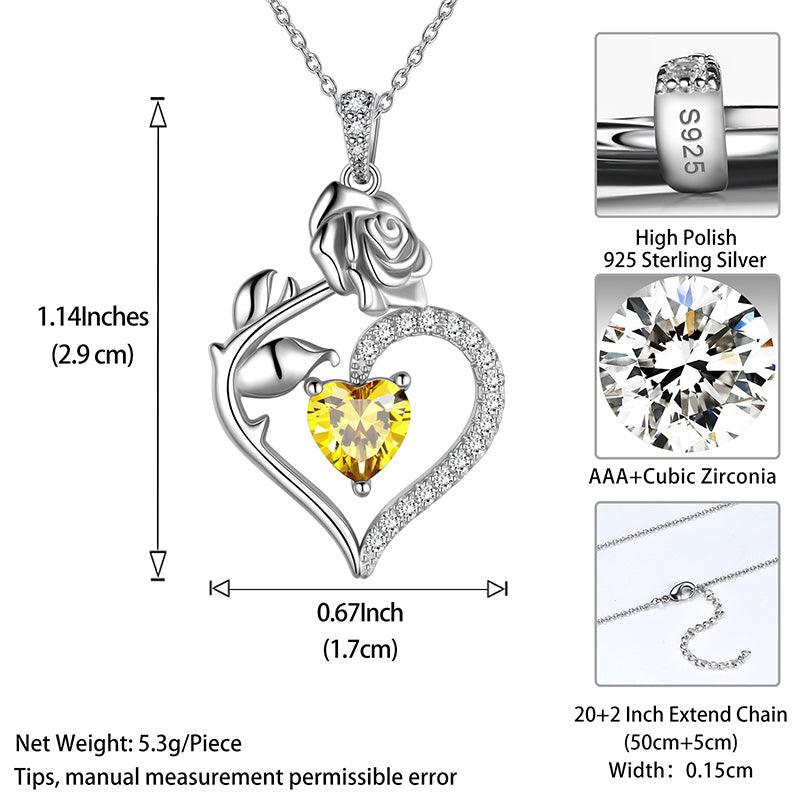 November Citrine Heart Birthstone 3D Flower Rose Necklace Pendant - Necklaces - Aurora Tears