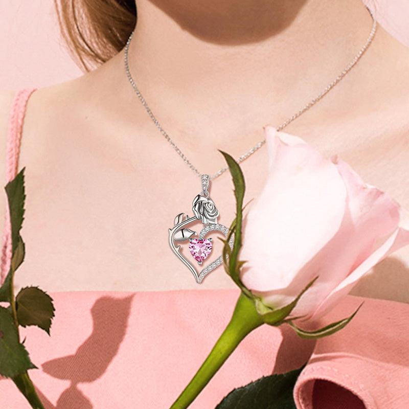 October Tourmaline Heart Birthstone 3D Flower Rose Necklace Pendant - Necklaces - Aurora Tears