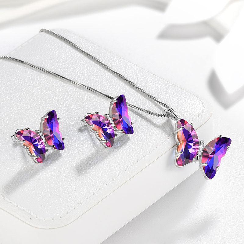 Purple Butterfly Jewelry Set 3PCS February Amethyst Birthstone - Jewelry Sets - Aurora Tears