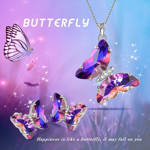 Purple Butterfly Jewelry Set 3PCS February Amethyst Birthstone - Jewelry Sets - Aurora Tears