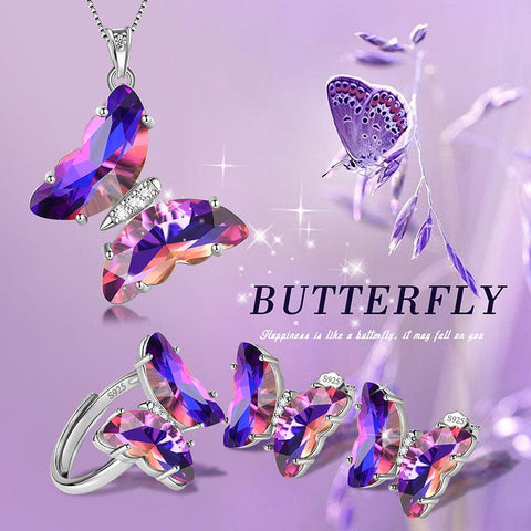 Purple Butterfly Jewelry Set 4PCS February Amethyst Birthstone - Jewelry Sets - Aurora Tears