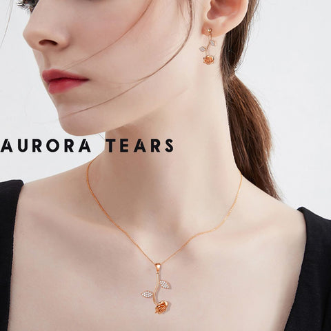 Rose Flower Jewelry Set Necklace + Earrings 925 Sterling Silver Aurora Tears - Jewelry Set - Aurora Tears Jewelry