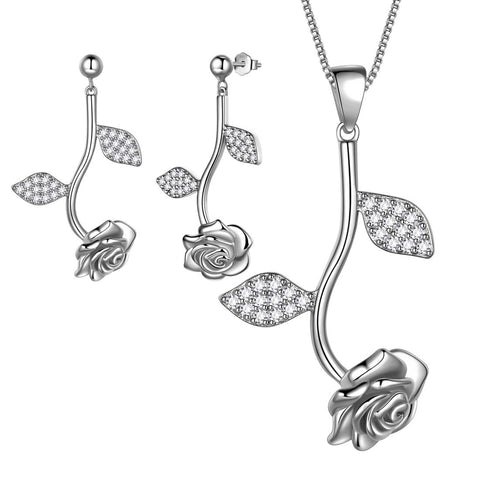 Rose Flower Jewelry Set Necklace + Earrings 925 Sterling Silver Aurora Tears - Jewelry Set - Aurora Tears Jewelry