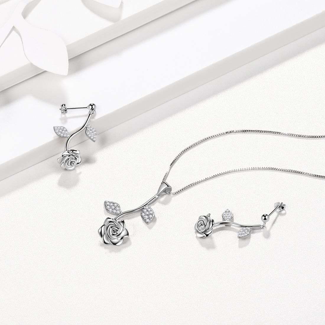 Rose Flower Jewelry Set Necklace + Earrings 925 Sterling Silver Aurora Tears - Jewelry Set - Aurora Tears Jewelry