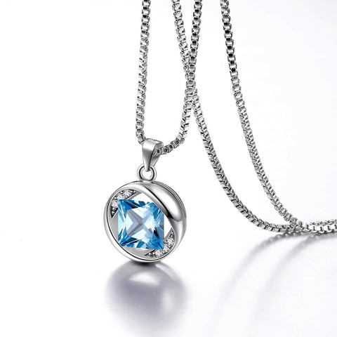 Round Birthstone March Aquamarine Necklace Pendant - Necklaces - Aurora Tears