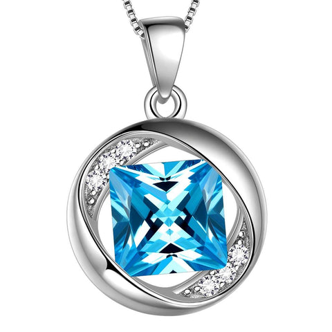 Round Birthstone March Aquamarine Necklace Pendant - Necklaces - Aurora Tears