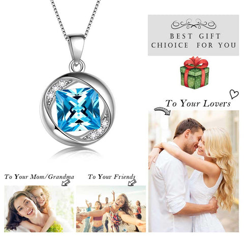 Round Birthstone March Aquamarine Necklace Pendant - Necklaces - Aurora Tears