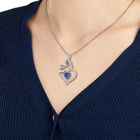 September Sapphire Heart Birthstone 3D Flower Rose Necklace Pendant - Necklaces - Aurora Tears