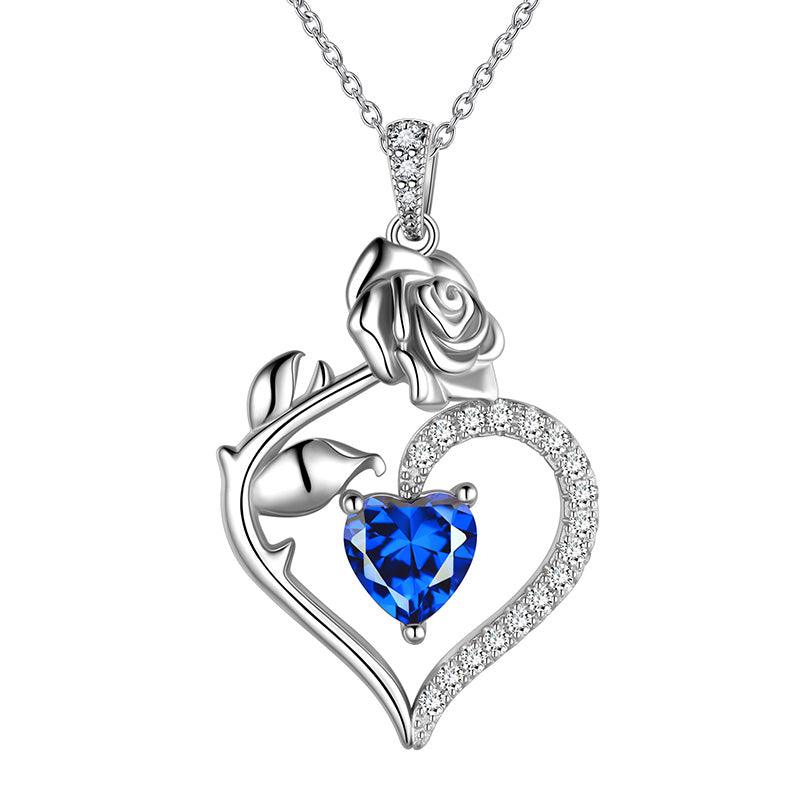 September Sapphire Heart Birthstone 3D Flower Rose Necklace Pendant - Necklaces - Aurora Tears