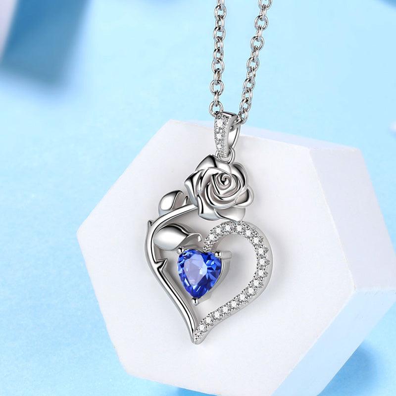September Sapphire Heart Birthstone 3D Flower Rose Necklace Pendant - Necklaces - Aurora Tears