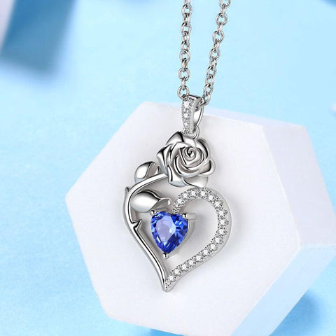 September Sapphire Heart Birthstone 3D Flower Rose Necklace Pendant - Necklaces - Aurora Tears