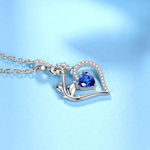 September Sapphire Heart Birthstone 3D Flower Rose Necklace Pendant - Necklaces - Aurora Tears