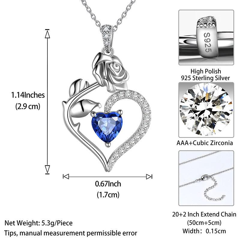 September Sapphire Heart Birthstone 3D Flower Rose Necklace Pendant - Necklaces - Aurora Tears