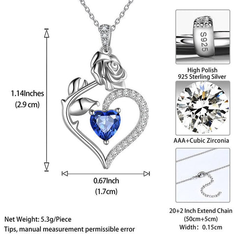 September Sapphire Heart Birthstone 3D Flower Rose Necklace Pendant - Necklaces - Aurora Tears
