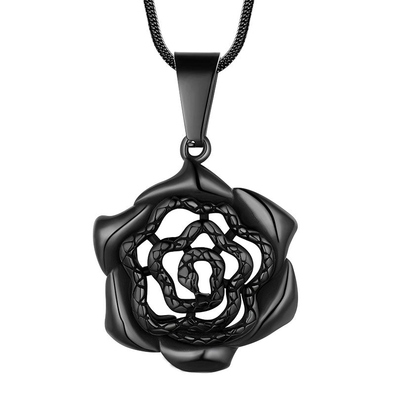 Snake Rose Heart Pendant Necklace Women Stainless Steel - Necklaces - Aurora Tears