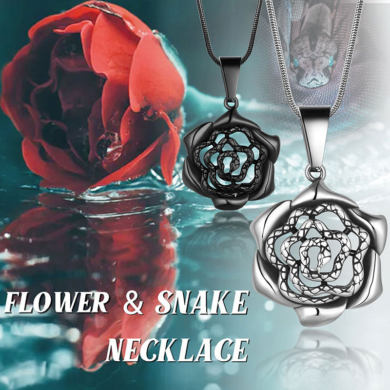 Snake Rose Heart Pendant Necklace Women Stainless Steel - Necklaces - Aurora Tears