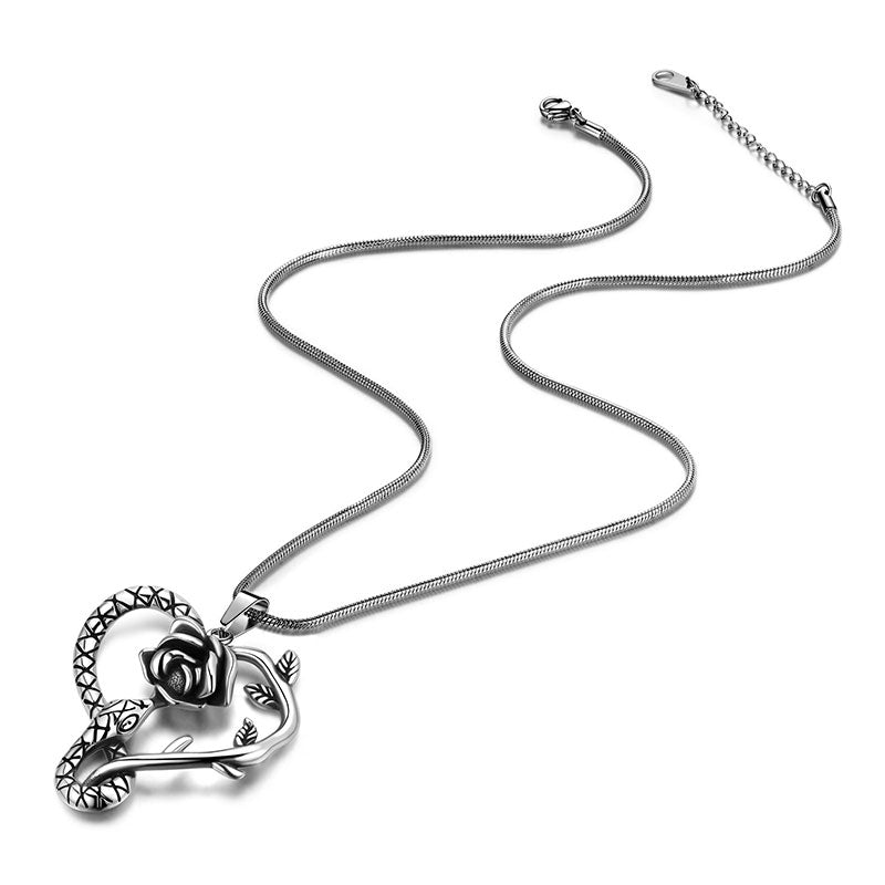 Snake Rose Heart Pendant Necklace Women Stainless Steel - Necklaces - Aurora Tears