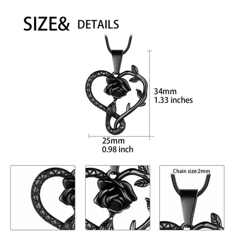 Snake Rose Heart Pendant Necklace Women Stainless Steel - Necklaces - Aurora Tears