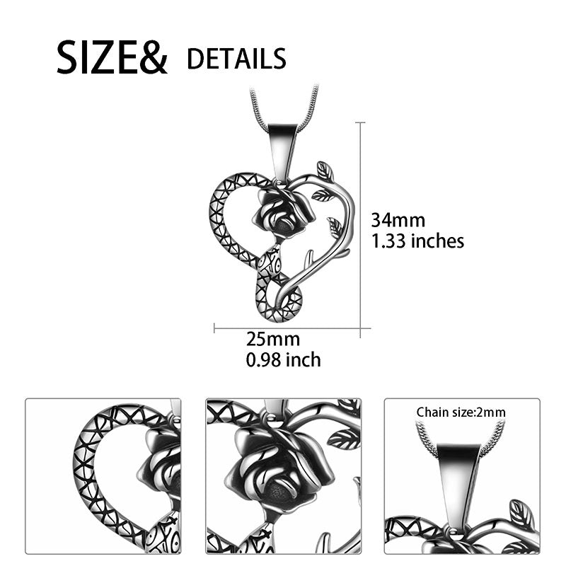 Snake Rose Heart Pendant Necklace Women Stainless Steel - Necklaces - Aurora Tears