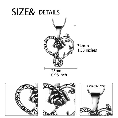 Snake Rose Heart Pendant Necklace Women Stainless Steel - Necklaces - Aurora Tears