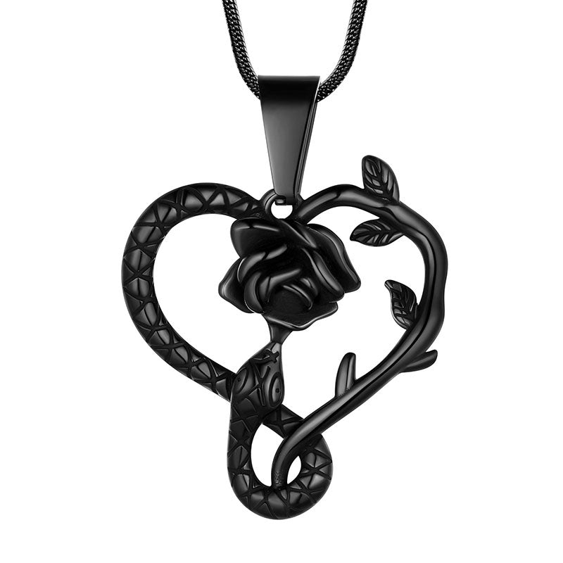 Snake Rose Heart Pendant Necklace Women Stainless Steel - Necklaces - Aurora Tears