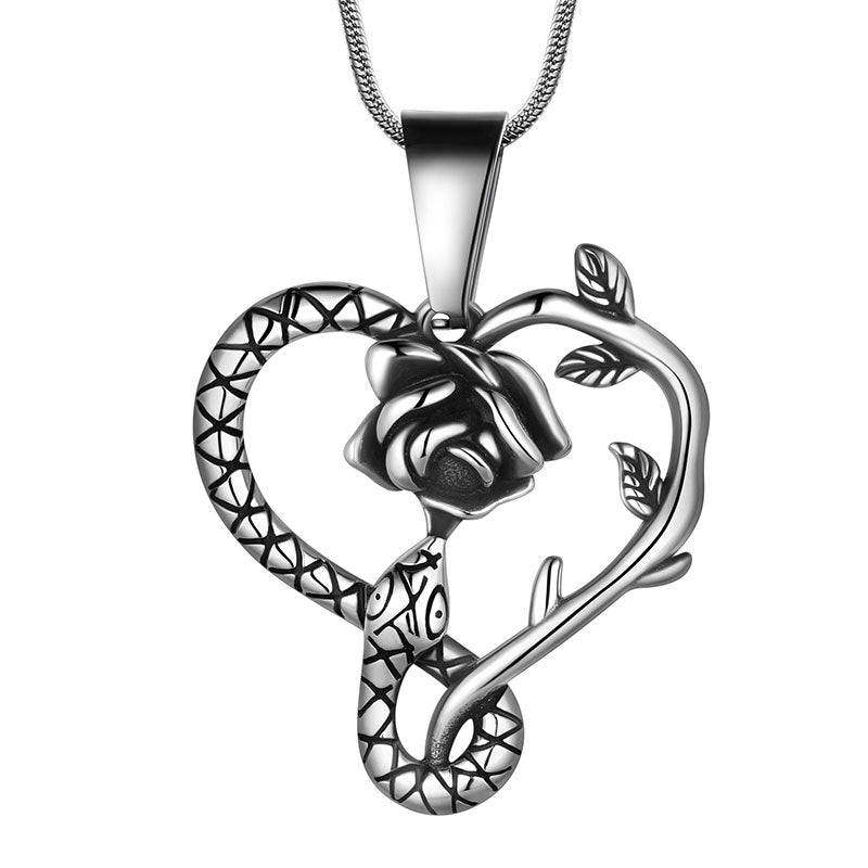 Snake Rose Heart Pendant Necklace Women Stainless Steel - Necklaces - Aurora Tears