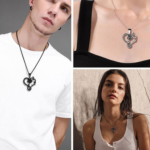 Snake Rose Heart Pendant Necklace Women Stainless Steel - Necklaces - Aurora Tears
