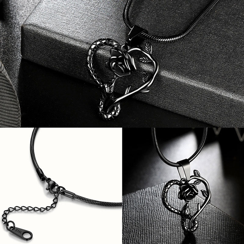 Snake Rose Heart Pendant Necklace Women Stainless Steel - Necklaces - Aurora Tears