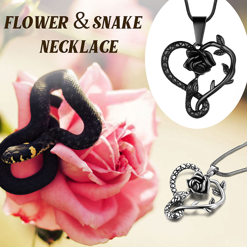 Snake Rose Heart Pendant Necklace Women Stainless Steel - Necklaces - Aurora Tears