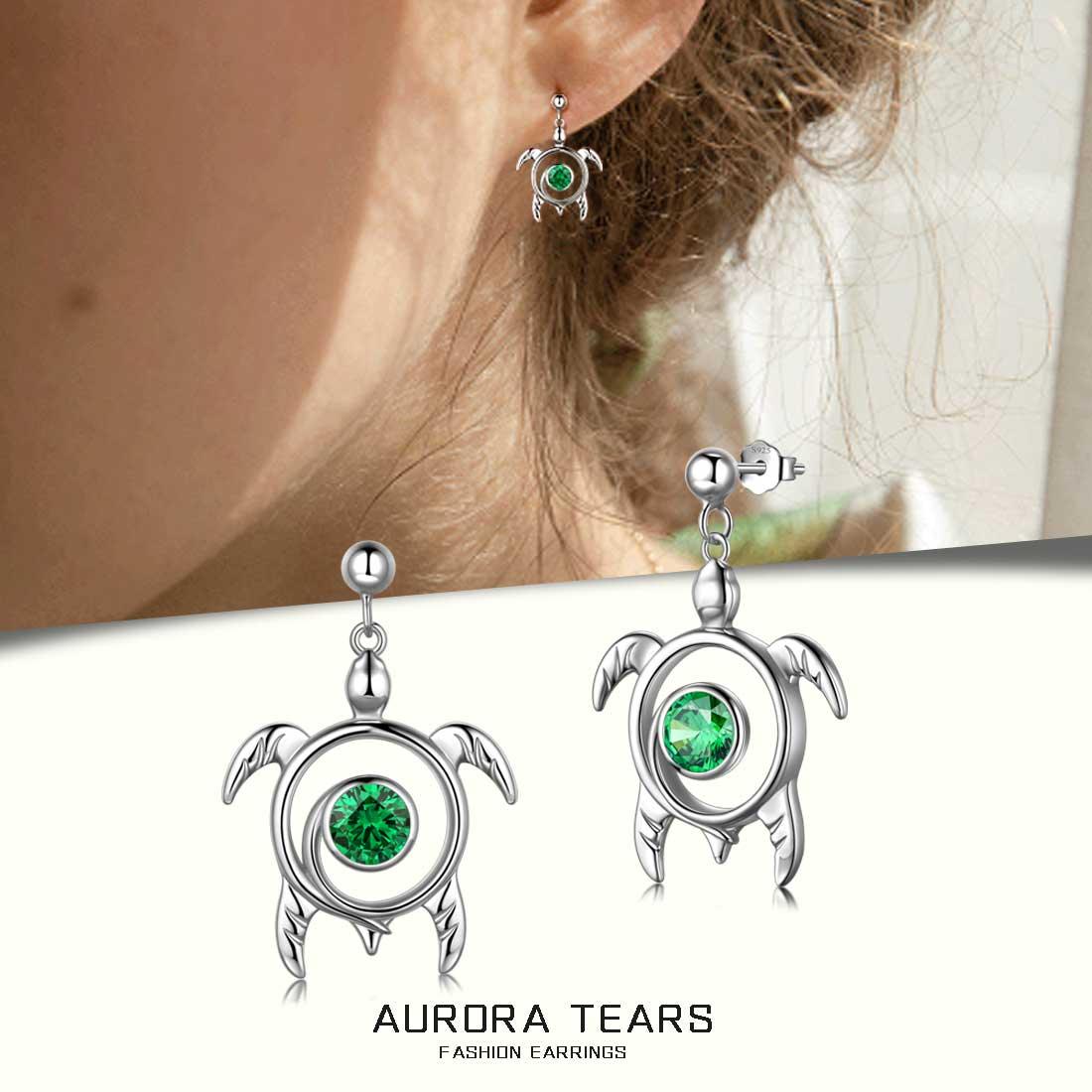 Turtle Birthstone May Emerald Earrings Sterling Silver - Earrings - Aurora Tears