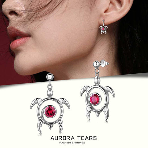 Turtle Birthstone July Ruby Earrings Sterling Silver - Earrings - Aurora Tears