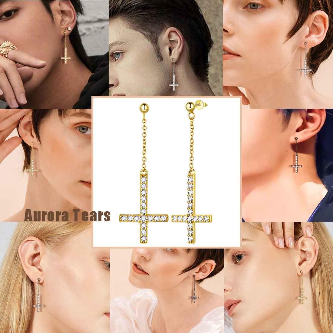 Upside Down Cross Dangle Earrings Sterling Silver - - Aurora Tears Jewelry