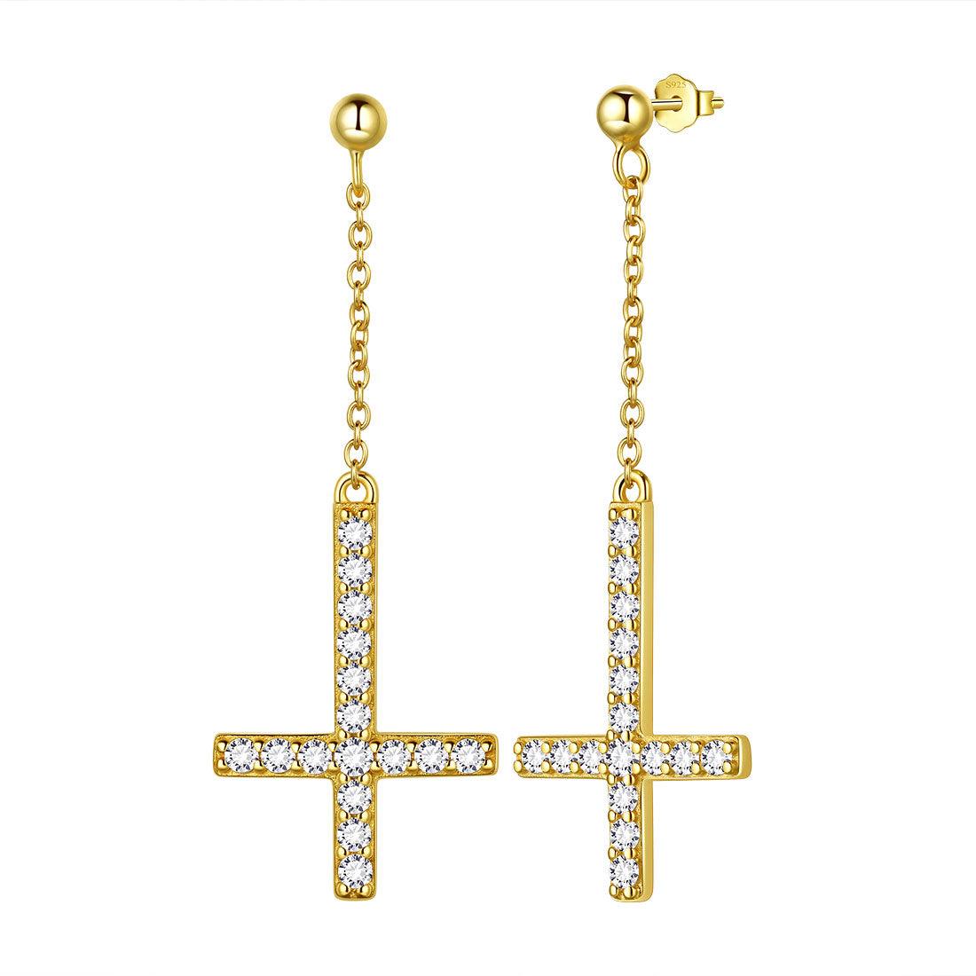 Upside Down Cross Dangle Earrings Sterling Silver - Earrings - Aurora Tears Jewelry