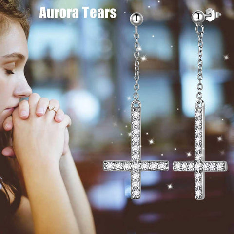 Upside Down Cross Dangle Earrings Mens Sterling Silver - Earrings - Aurora Tears Jewelry
