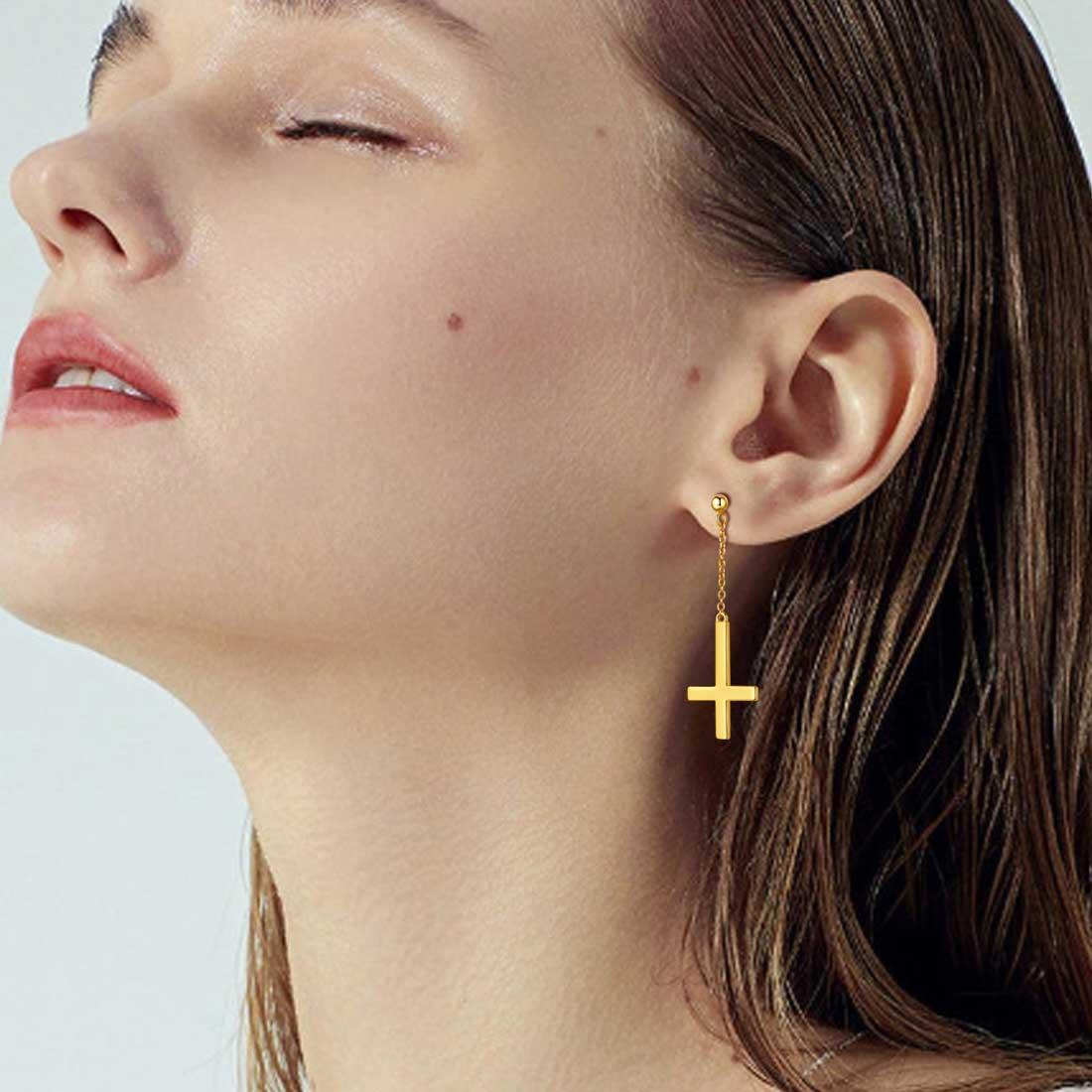 Inverted Cross Earrings 925 Sterling Silver Dangle Chain Studs Upside Down Cross Mens Women