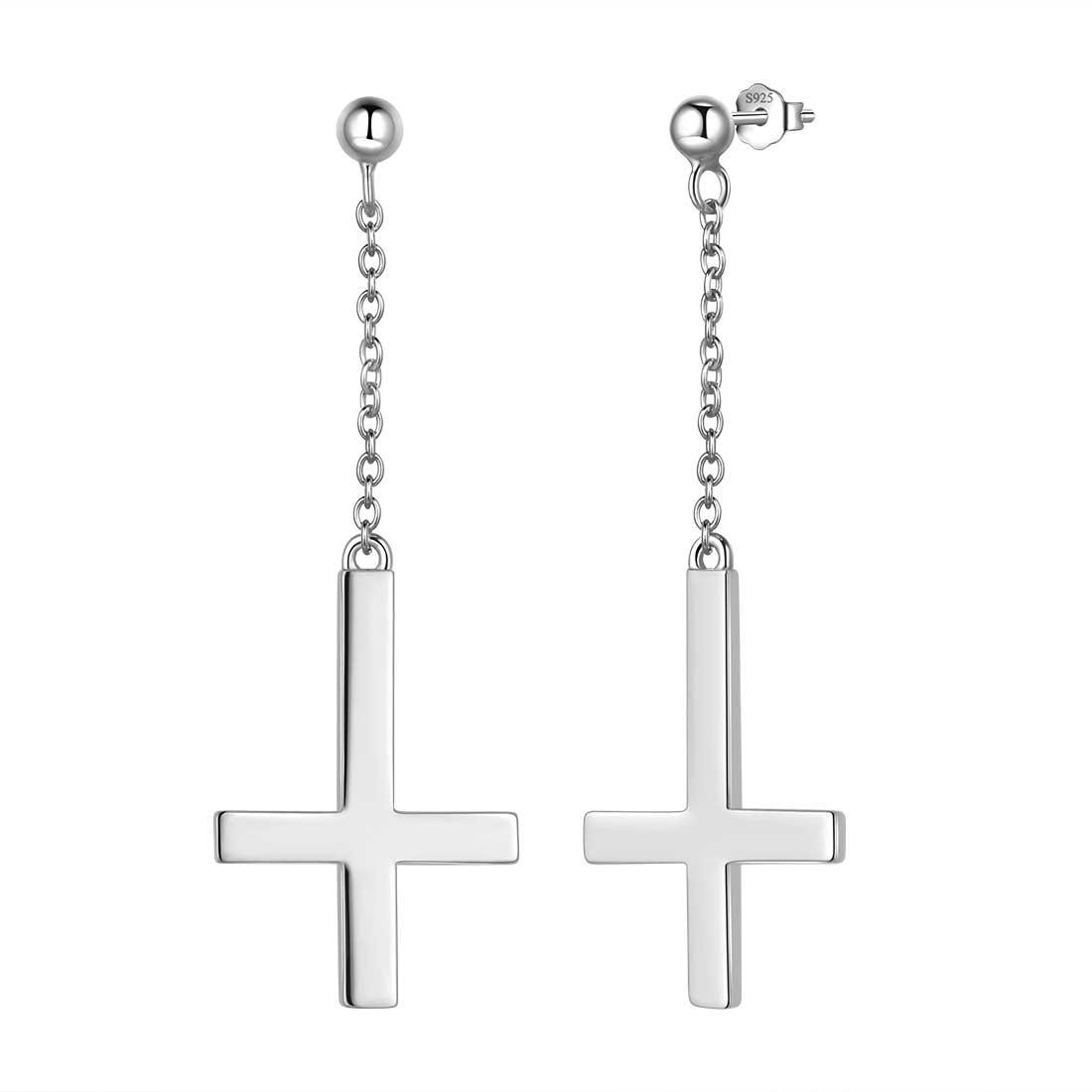 Upside Down Cross Dangle Earrings Sterling Silver - Earrings - Aurora Tears Jewelry