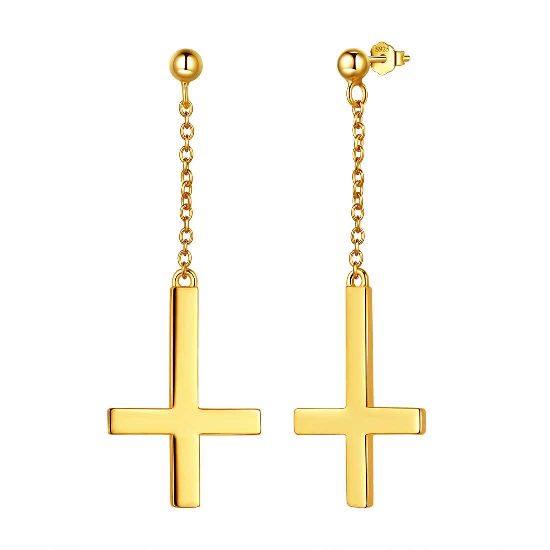 Upside Down Cross Dangle Earrings Sterling Silver - Earrings - Aurora Tears Jewelry
