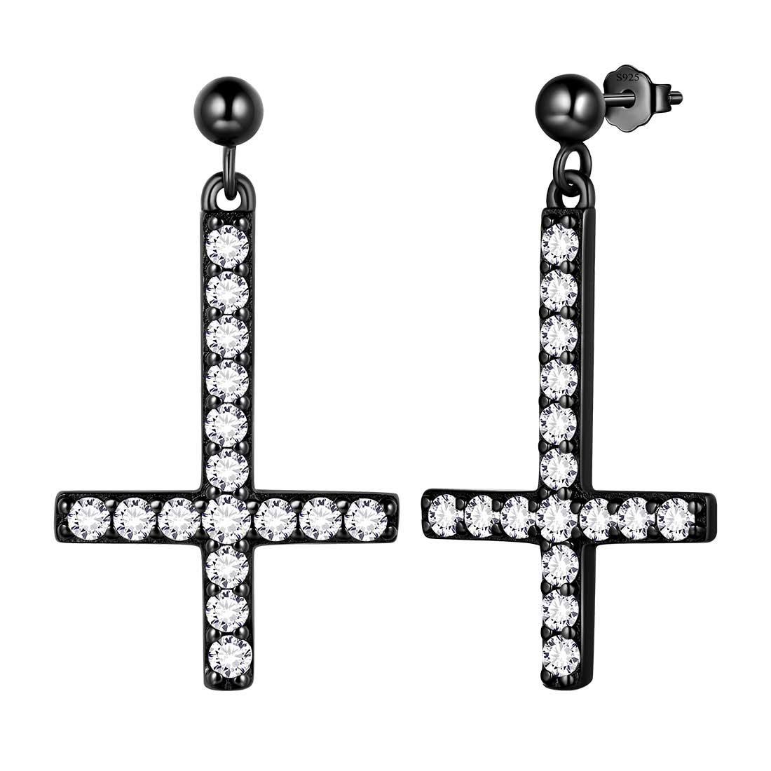925 Sterling Silver Inverted Cross Earrings Black Gun Plated Cubic Zirconia Dangle Studs Upside Down Cross Mens Women