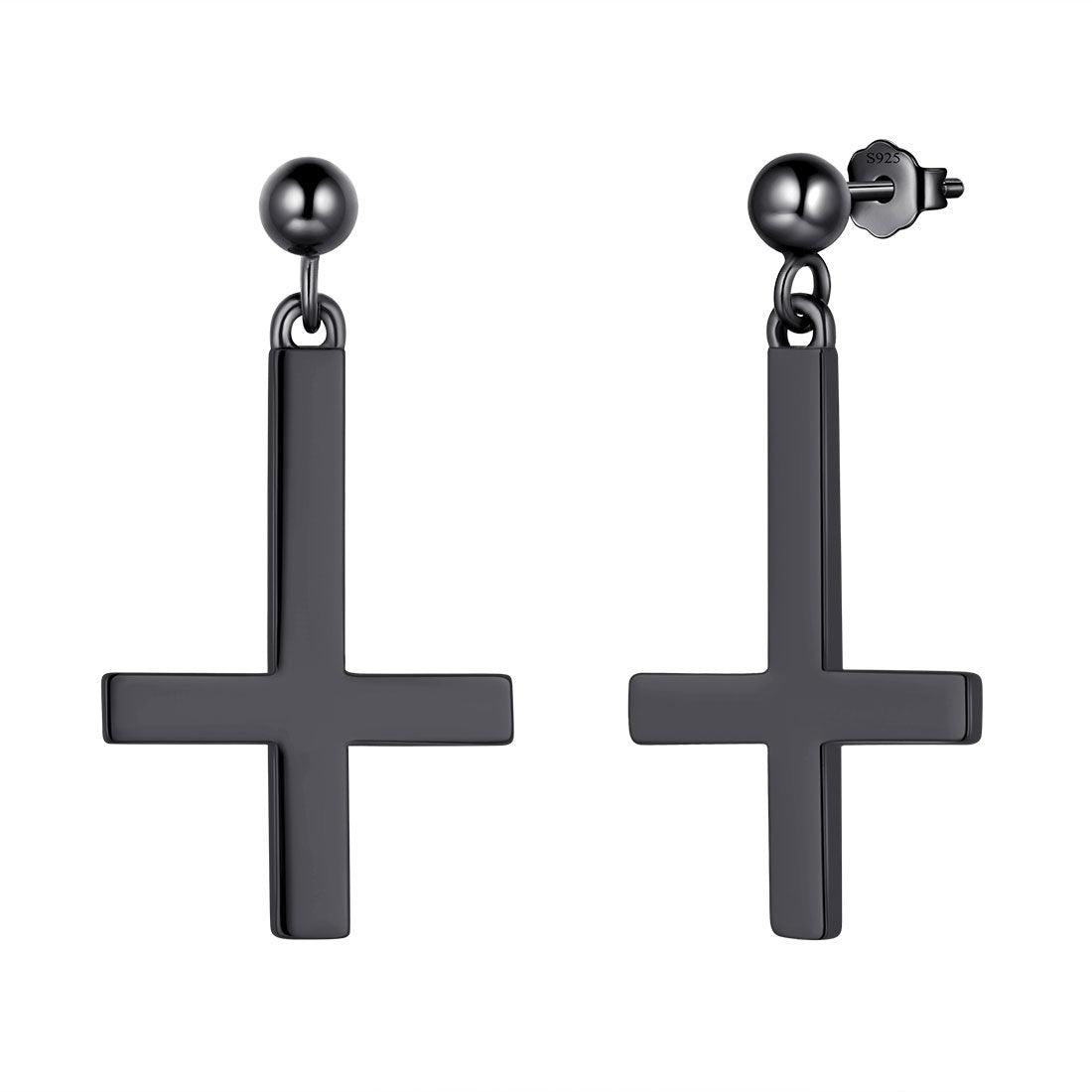 Upside Down Cross Drop Earrings Sterling Silver - Earrings - Aurora Tears Jewelry