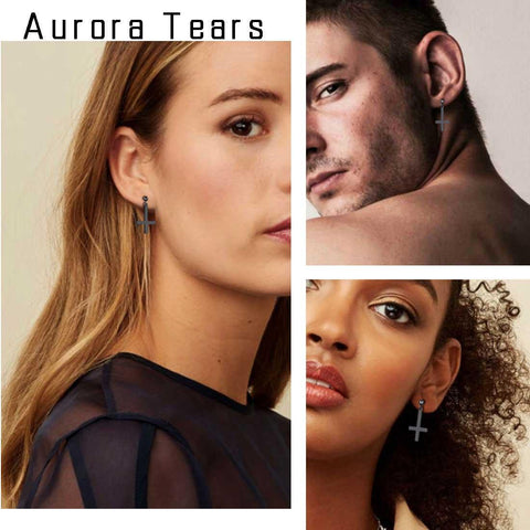 Upside Down Cross Drop Earrings Sterling Silver - Earrings - Aurora Tears Jewelry