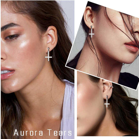 Upside Down Cross Drop Earrings Sterling Silver - Earrings - Aurora Tears Jewelry