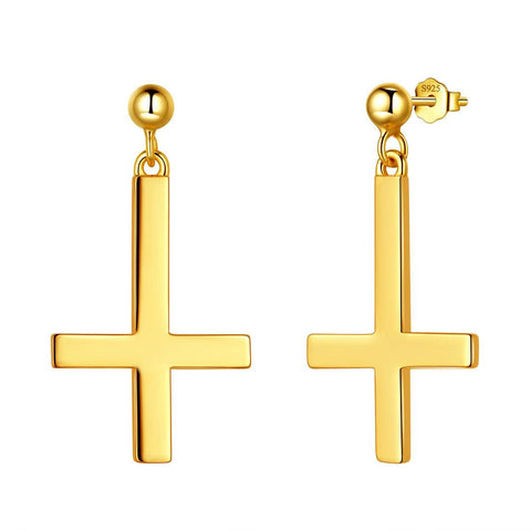 Upside Down Cross Drop Earrings Sterling Silver - Earrings - Aurora Tears Jewelry