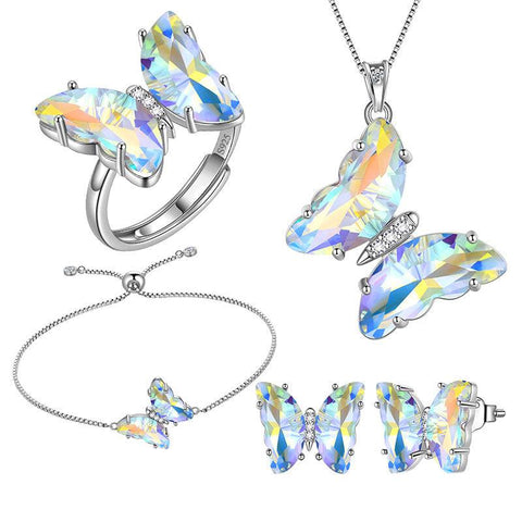 White Butterfly Jewelry Set 5PCS April Diamond Birthstone - Jewelry Sets - Aurora Tears