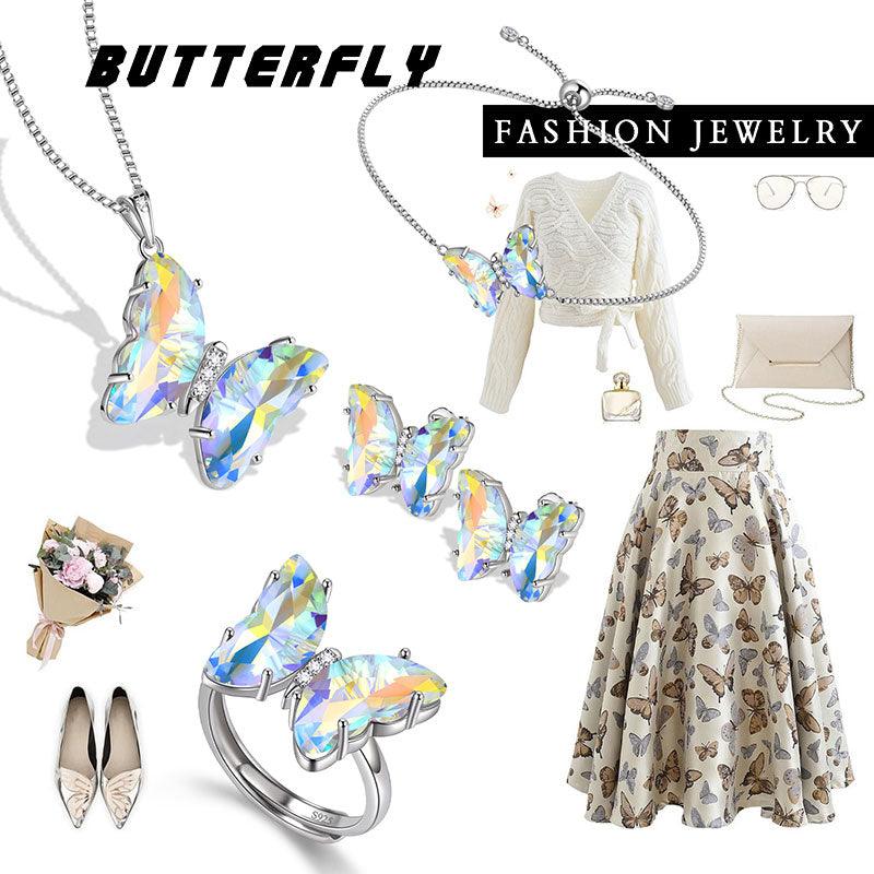 White Butterfly Jewelry Set 5PCS April Diamond Birthstone - Jewelry Sets - Aurora Tears