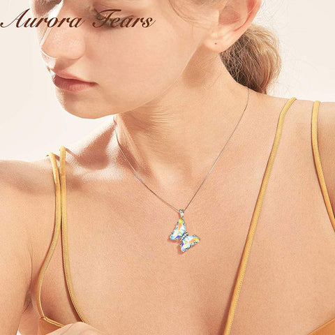 925 Sterling Silver Butterfly Necklace Pendant Birthstone Crystal Jewelry Gift Women - Necklaces - Aurora Tears