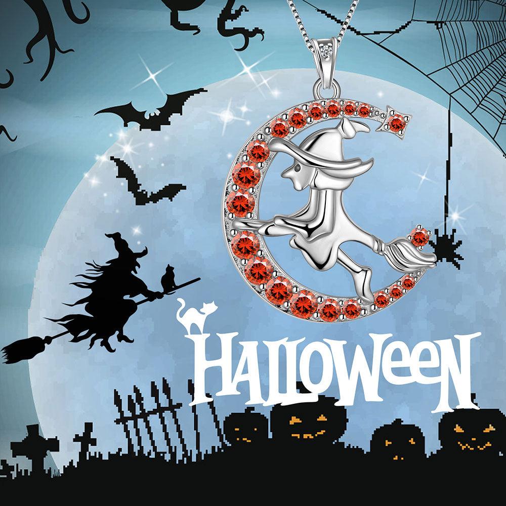 Witch Flying Broom Moon Necklace Halloween Jewelry Sterling Silver - Necklaces - Aurora Tears