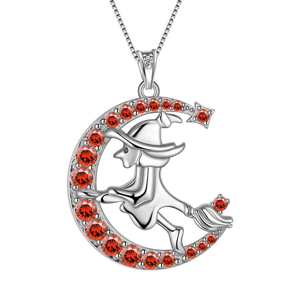Witch Flying Broom Moon Necklace Halloween Jewelry Sterling Silver - Necklaces - Aurora Tears