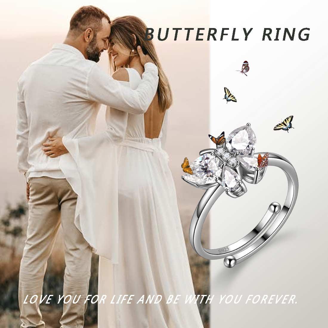 Butterfly Ring Band Birthstone April Diamond Adjustable - Rings - Aurora Tears