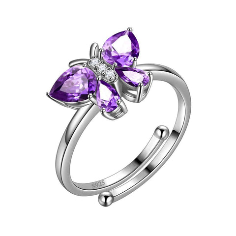 Butterfly Ring Band Birthstone February Amethyst Adjustable - Rings - Aurora Tears